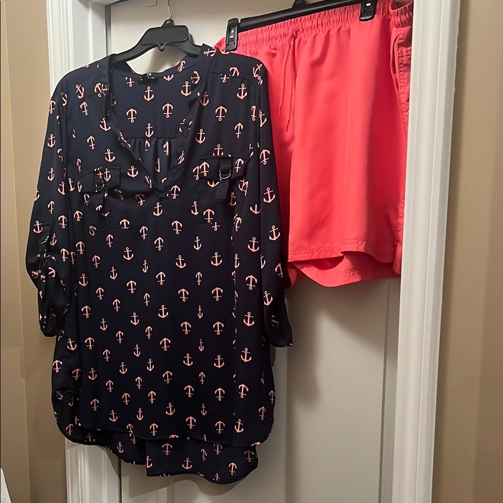 Navy Anchor Print Tunic and Coral Shorts Set